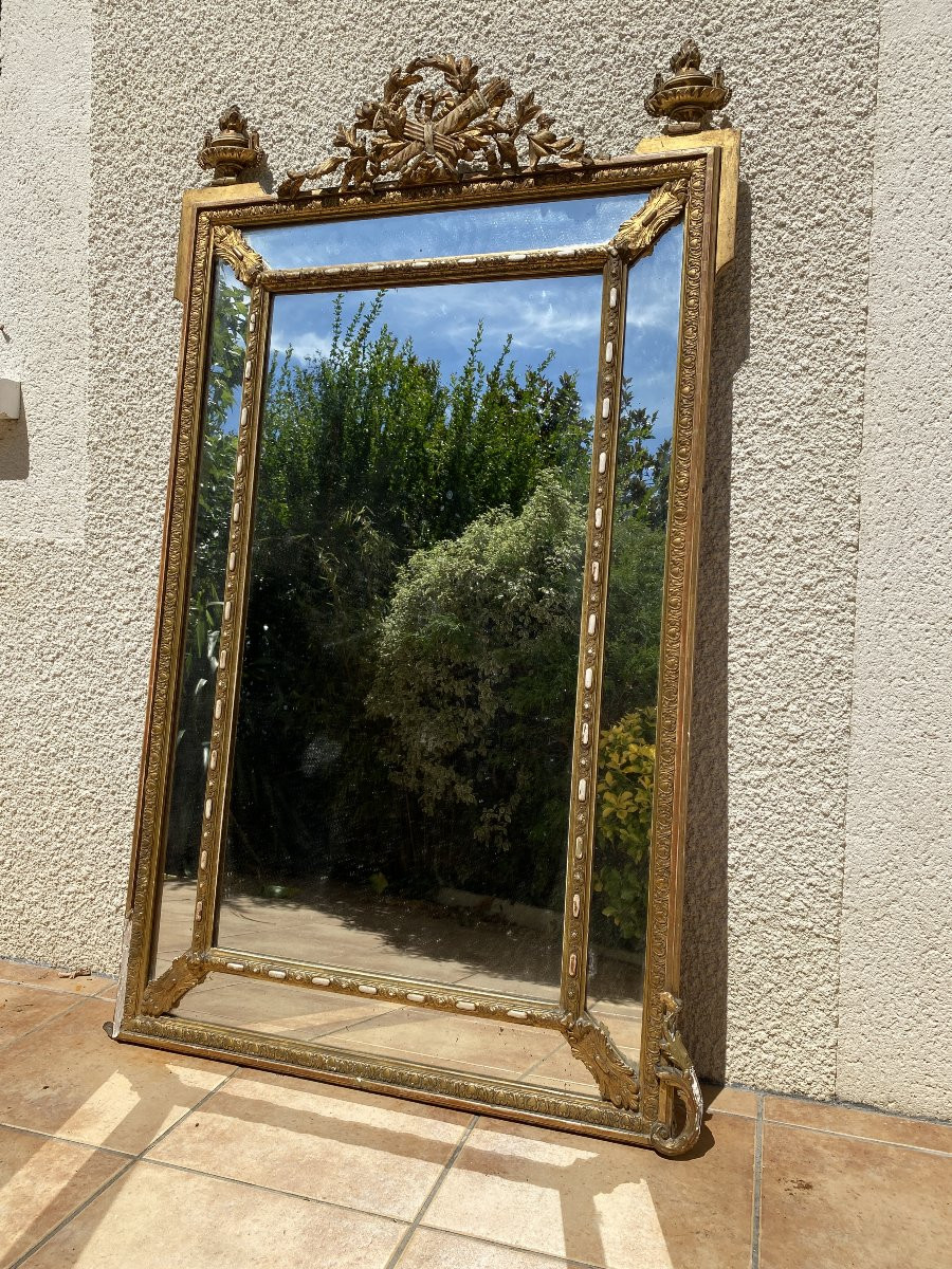 Large Giltwood Pediment Mirror With Glazing Beads, Louis XVI Style, XIXᵉ Century - 90x150 Cm-photo-2