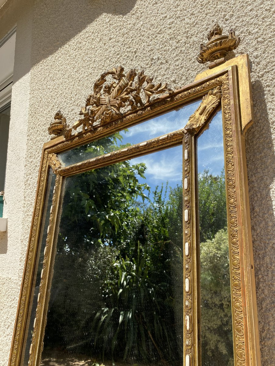 Large Giltwood Pediment Mirror With Glazing Beads, Louis XVI Style, XIXᵉ Century - 90x150 Cm-photo-3