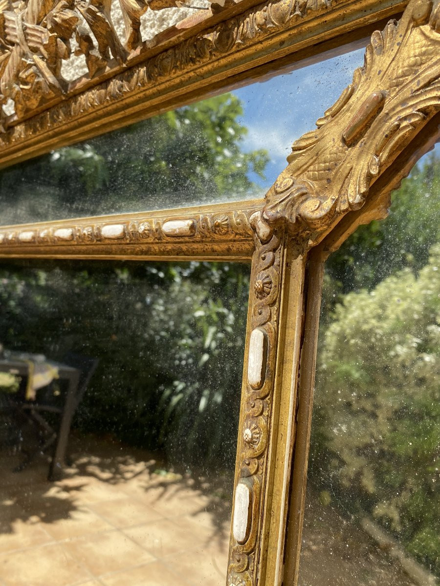 Large Giltwood Pediment Mirror With Glazing Beads, Louis XVI Style, XIXᵉ Century - 90x150 Cm-photo-4