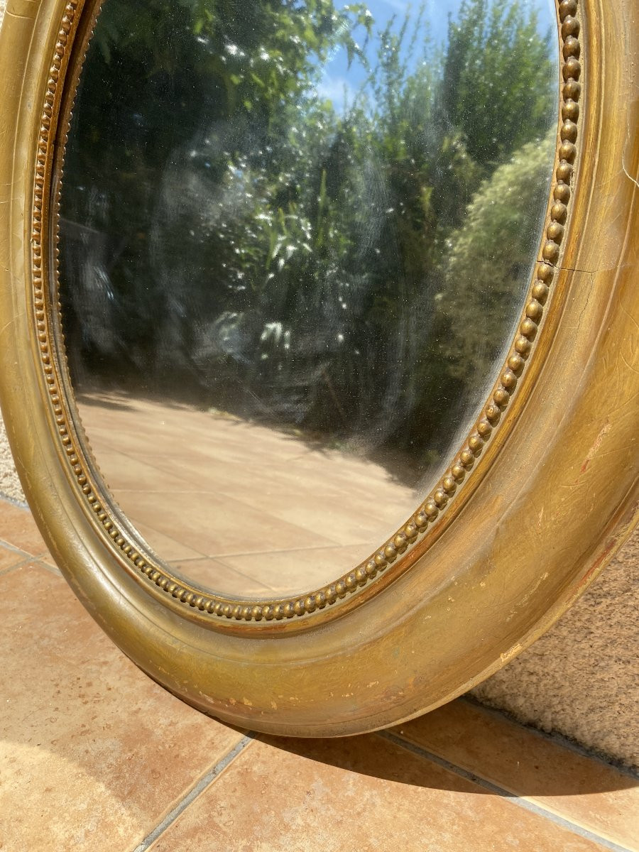 Oval Mirror With Floral Pediment In Carved Gilded Wood, Napoleon III Period – 19th Century - 65x96cm-photo-2