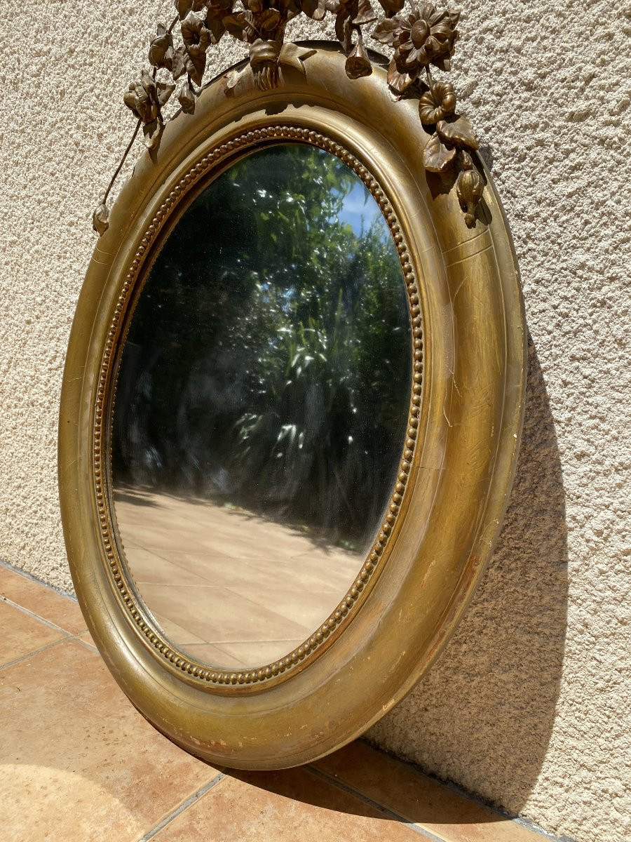 Oval Mirror With Floral Pediment In Carved Gilded Wood, Napoleon III Period – 19th Century - 65x96cm-photo-4