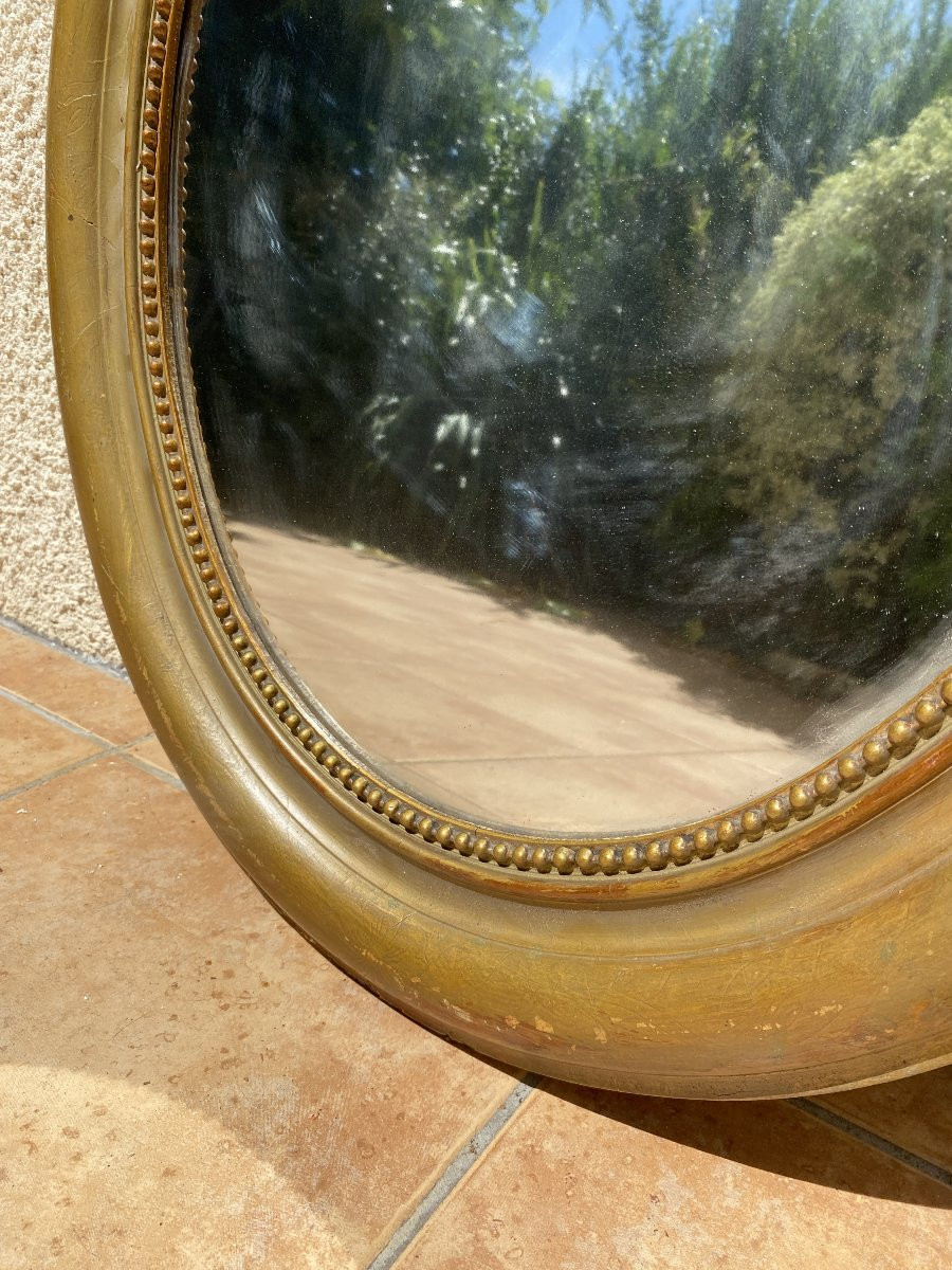 Oval Mirror With Floral Pediment In Carved Gilded Wood, Napoleon III Period – 19th Century - 65x96cm-photo-6