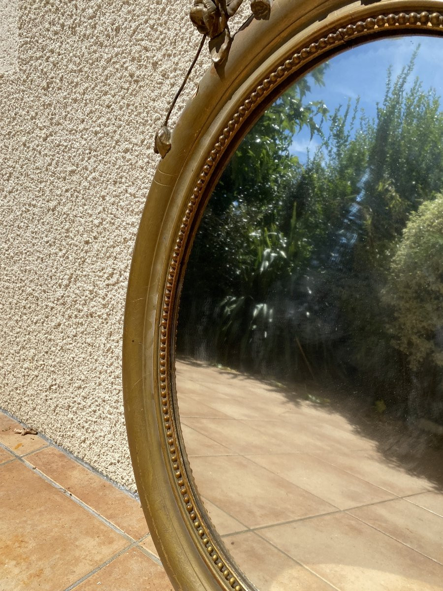 Oval Mirror With Floral Pediment In Carved Gilded Wood, Napoleon III Period – 19th Century - 65x96cm-photo-7
