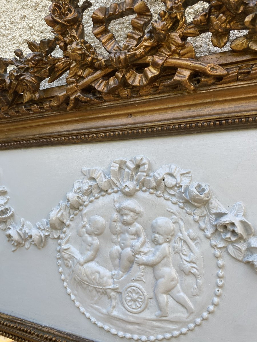 19th Century Louis XVI Style Trumeau Mirror In Gold Leaf Gilded Wood, 74x150cm-photo-2