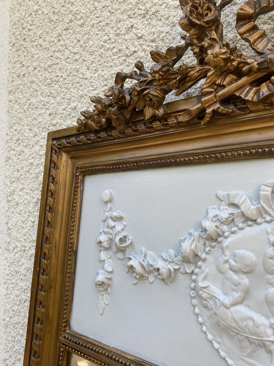 19th Century Louis XVI Style Trumeau Mirror In Gold Leaf Gilded Wood, 74x150cm-photo-4
