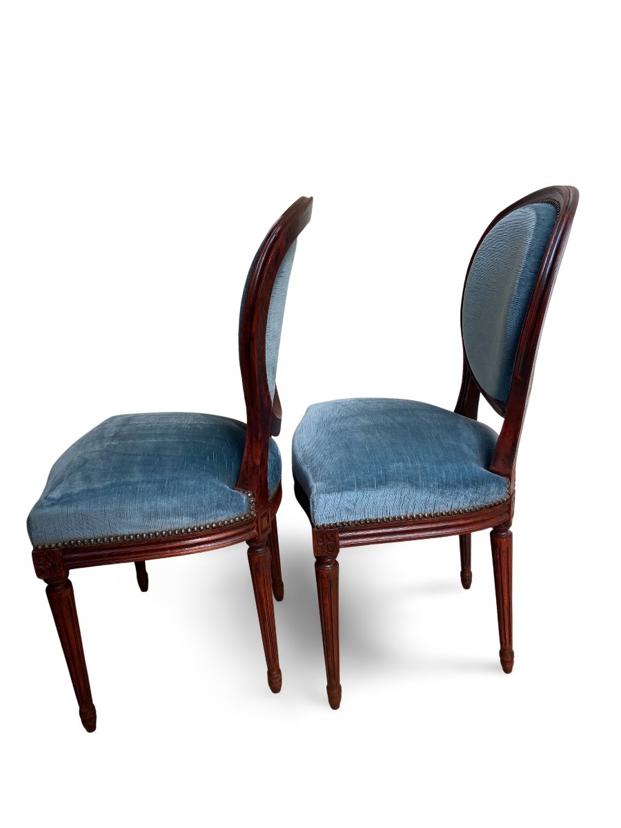 Pair Of Late 19th Century Louis XVI Medallion Chairs - Wood And Velvet - Blue-photo-2