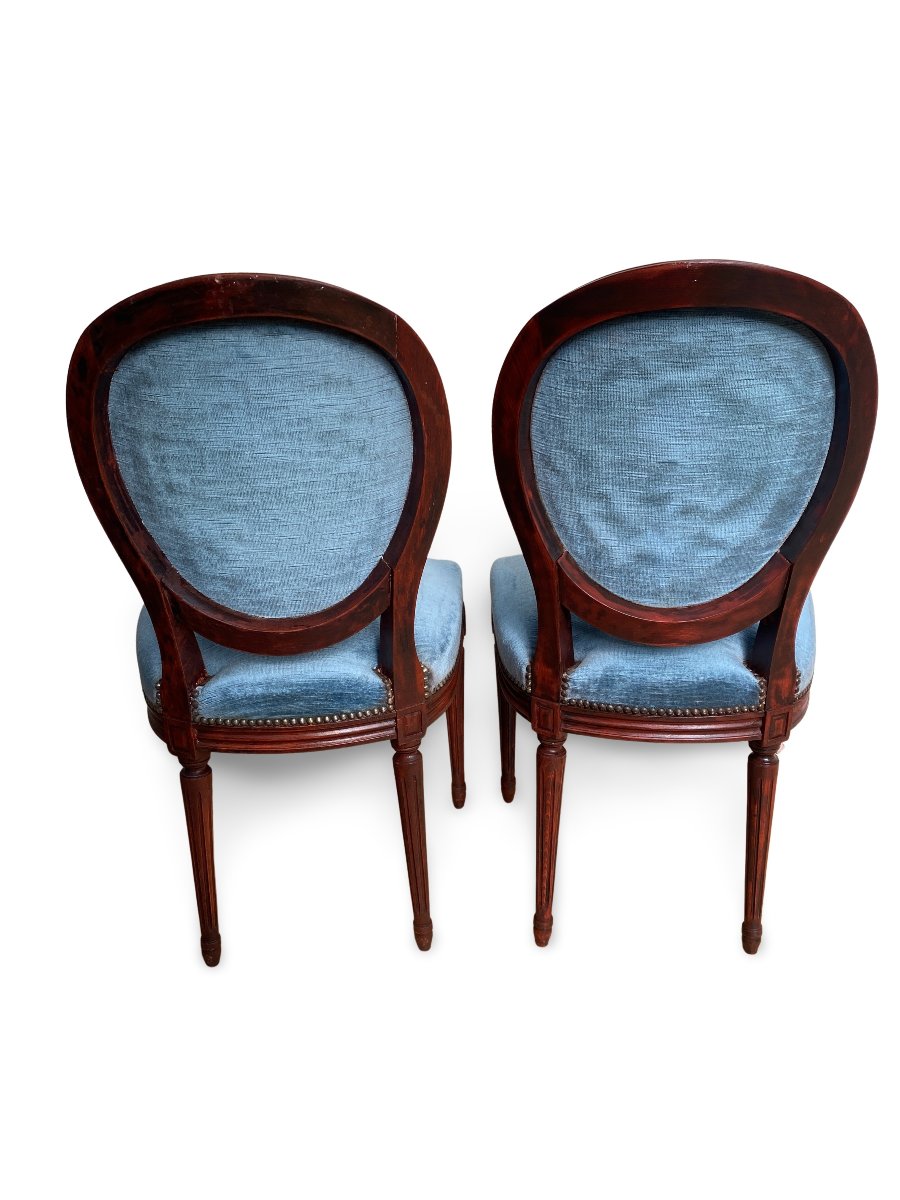 Pair Of Late 19th Century Louis XVI Medallion Chairs - Wood And Velvet - Blue-photo-3
