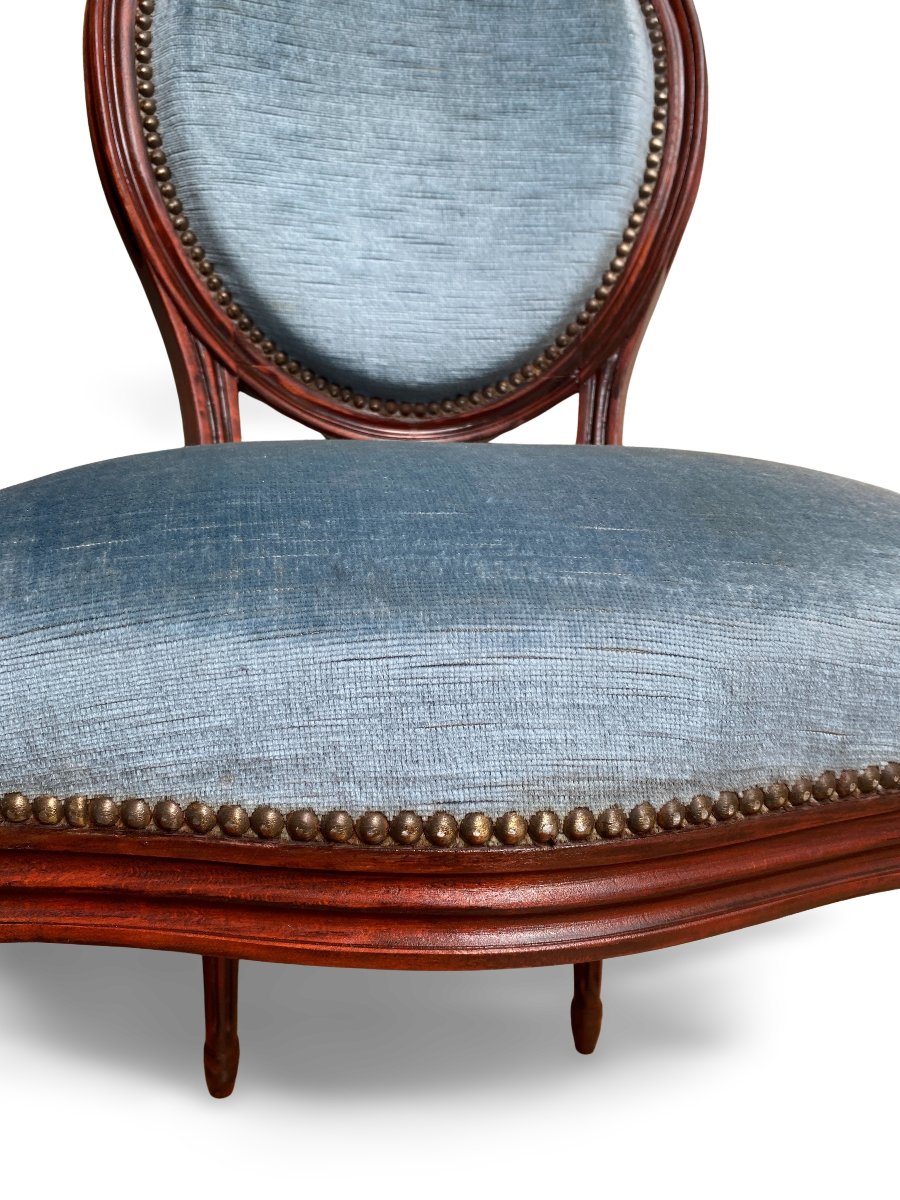 Pair Of Late 19th Century Louis XVI Medallion Chairs - Wood And Velvet - Blue-photo-3
