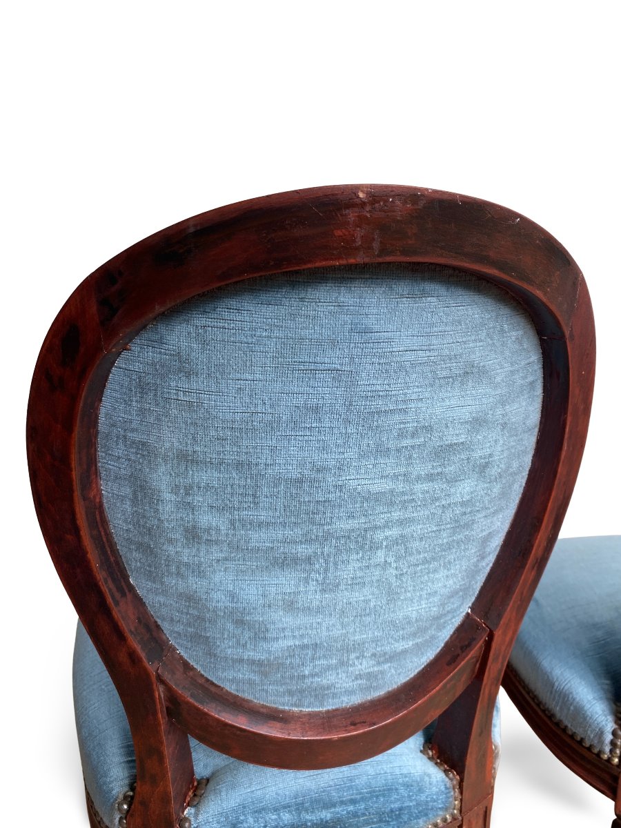 Pair Of Late 19th Century Louis XVI Medallion Chairs - Wood And Velvet - Blue-photo-5