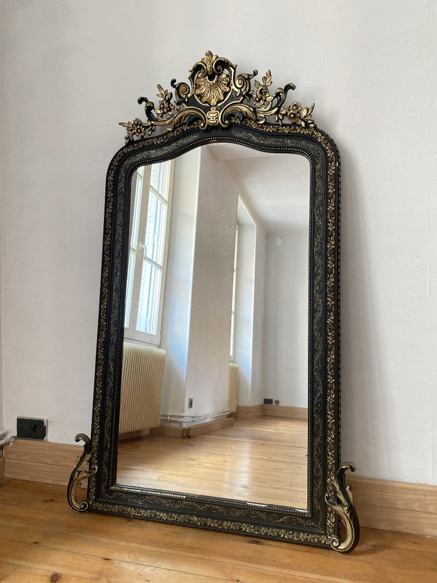 Large Napoleon III Period Mirror In Black Wood And Gold Leaf - 93cm X 156cm-photo-2