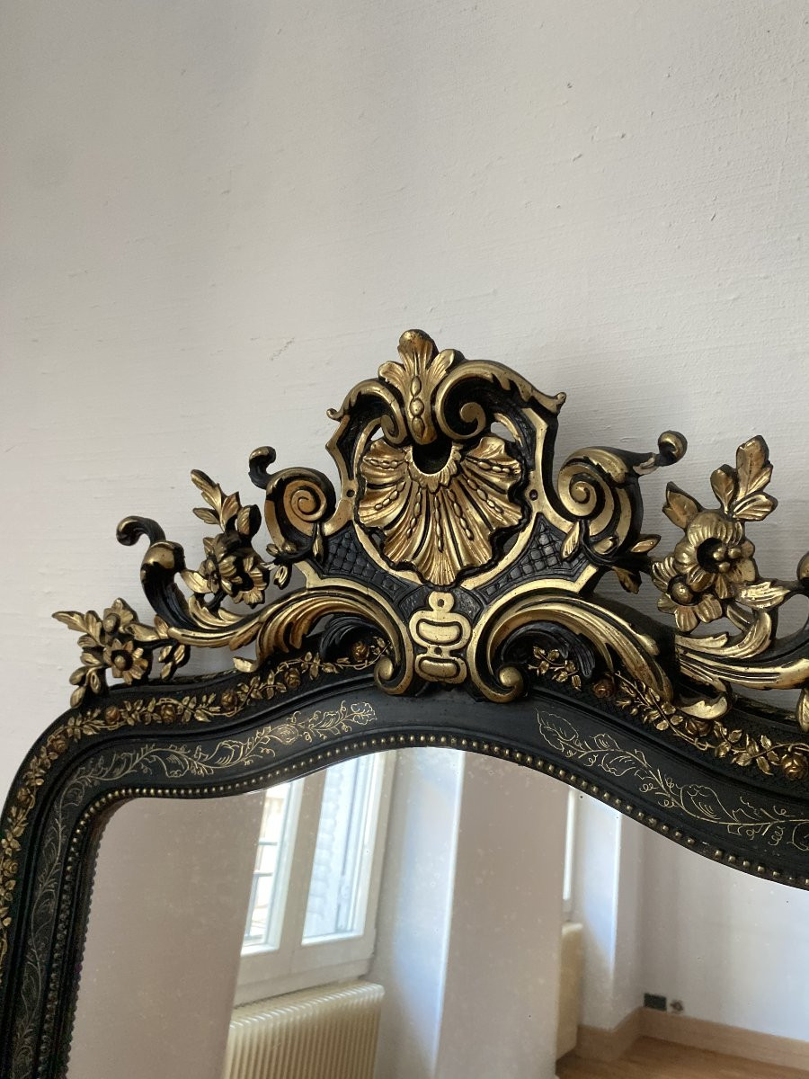 Large Napoleon III Period Mirror In Black Wood And Gold Leaf - 93cm X 156cm-photo-1