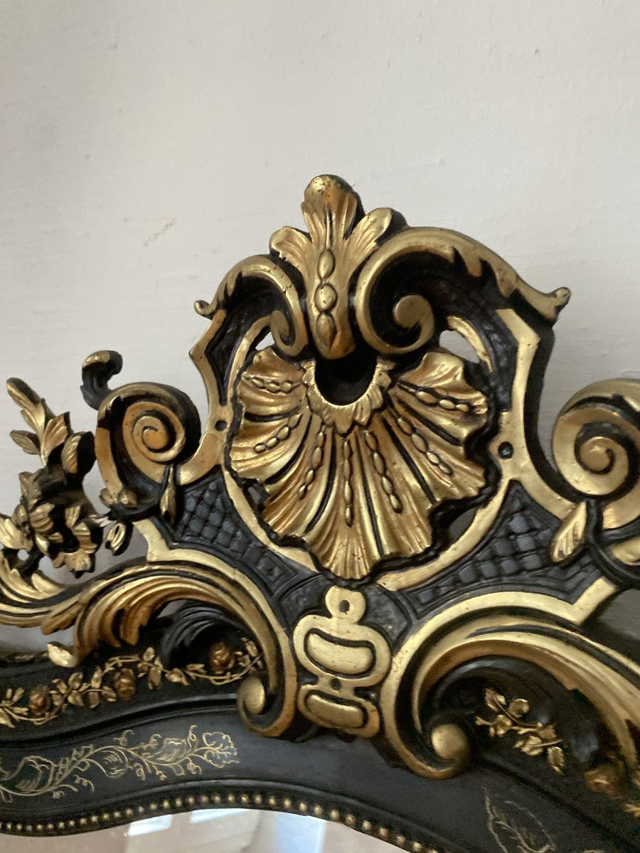 Large Napoleon III Period Mirror In Black Wood And Gold Leaf - 93cm X 156cm-photo-2