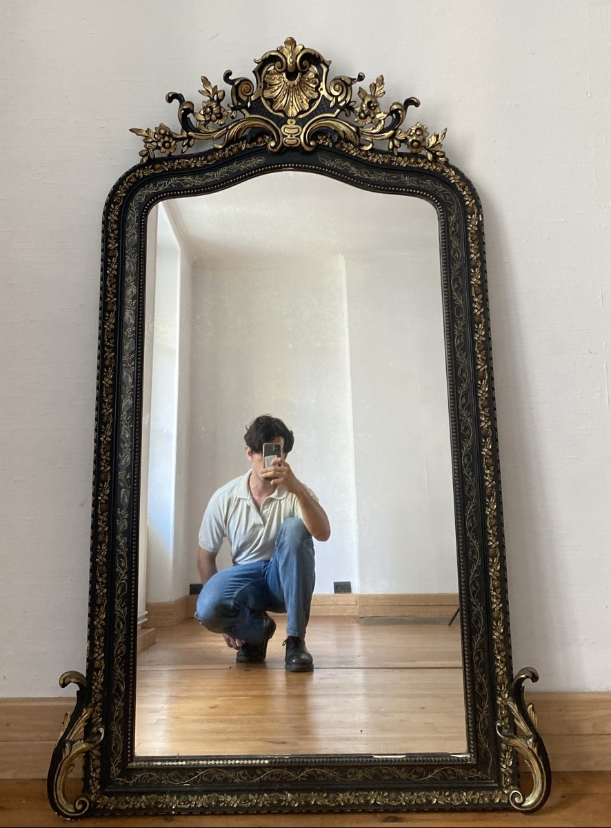 Large Napoleon III Period Mirror In Black Wood And Gold Leaf - 93cm X 156cm
