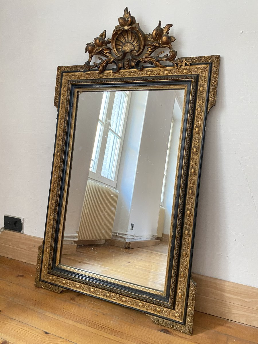 Grand miroir d'époque Napoléon III en Bois Noir et Doré - 75x125cm-photo-2