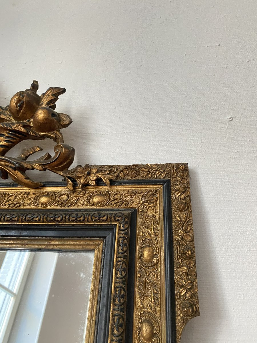 Grand miroir d'époque Napoléon III en Bois Noir et Doré - 75x125cm-photo-4