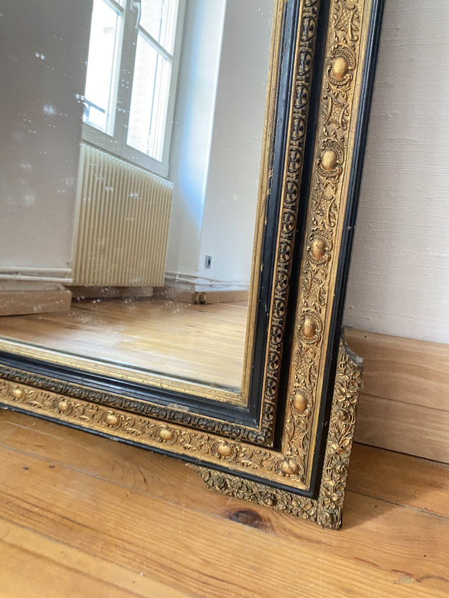 Grand miroir d'époque Napoléon III en Bois Noir et Doré - 75x125cm-photo-6