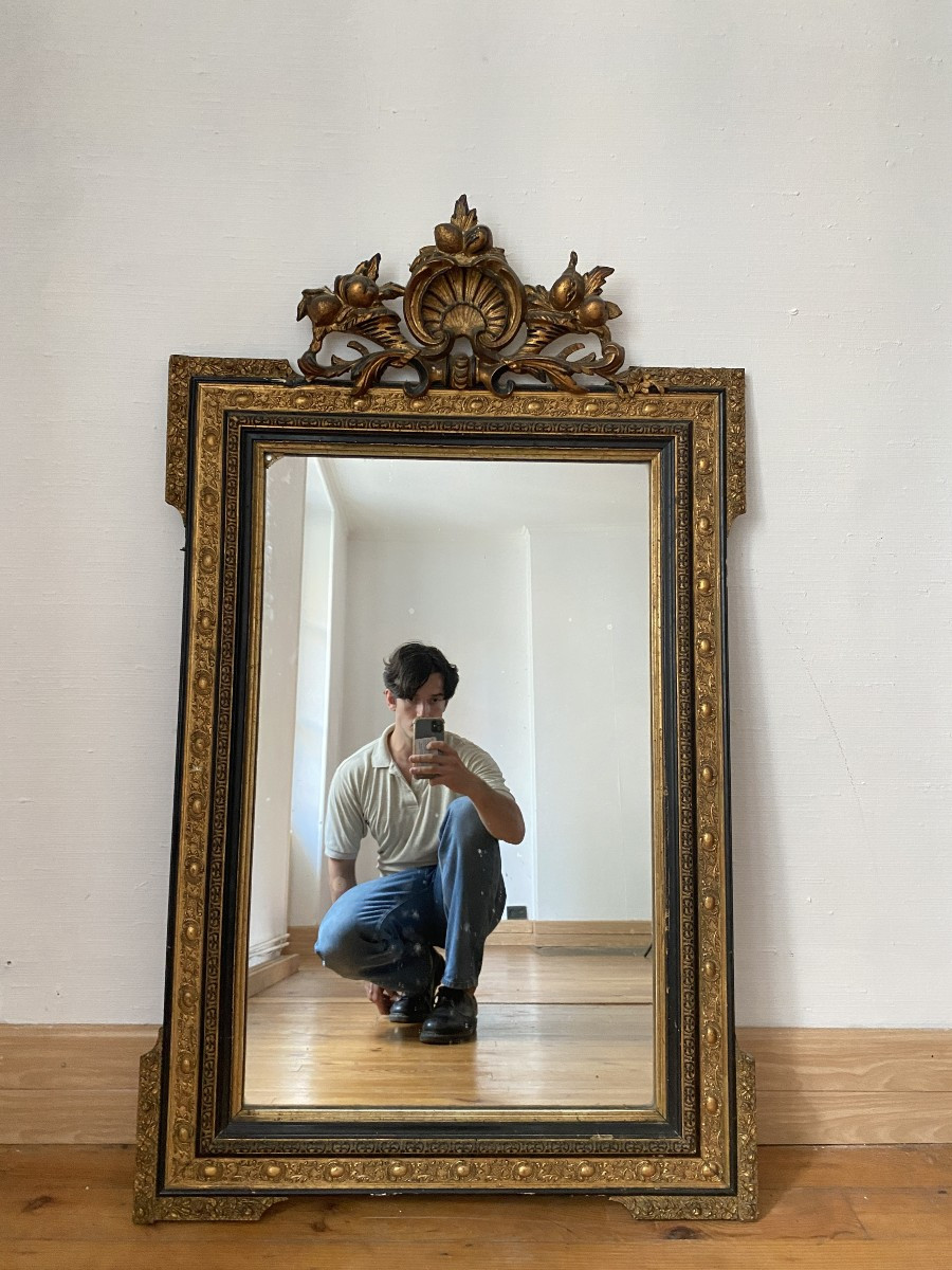Grand miroir d'époque Napoléon III en Bois Noir et Doré - 75x125cm