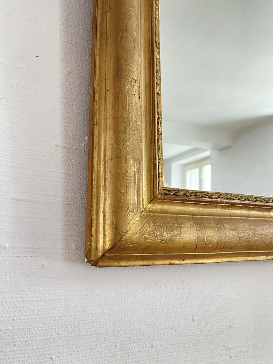 Miroir Mural Louis Philippe en Bois Doré à la Feuille D'or, 56x77cm, XIXème siècle-photo-5