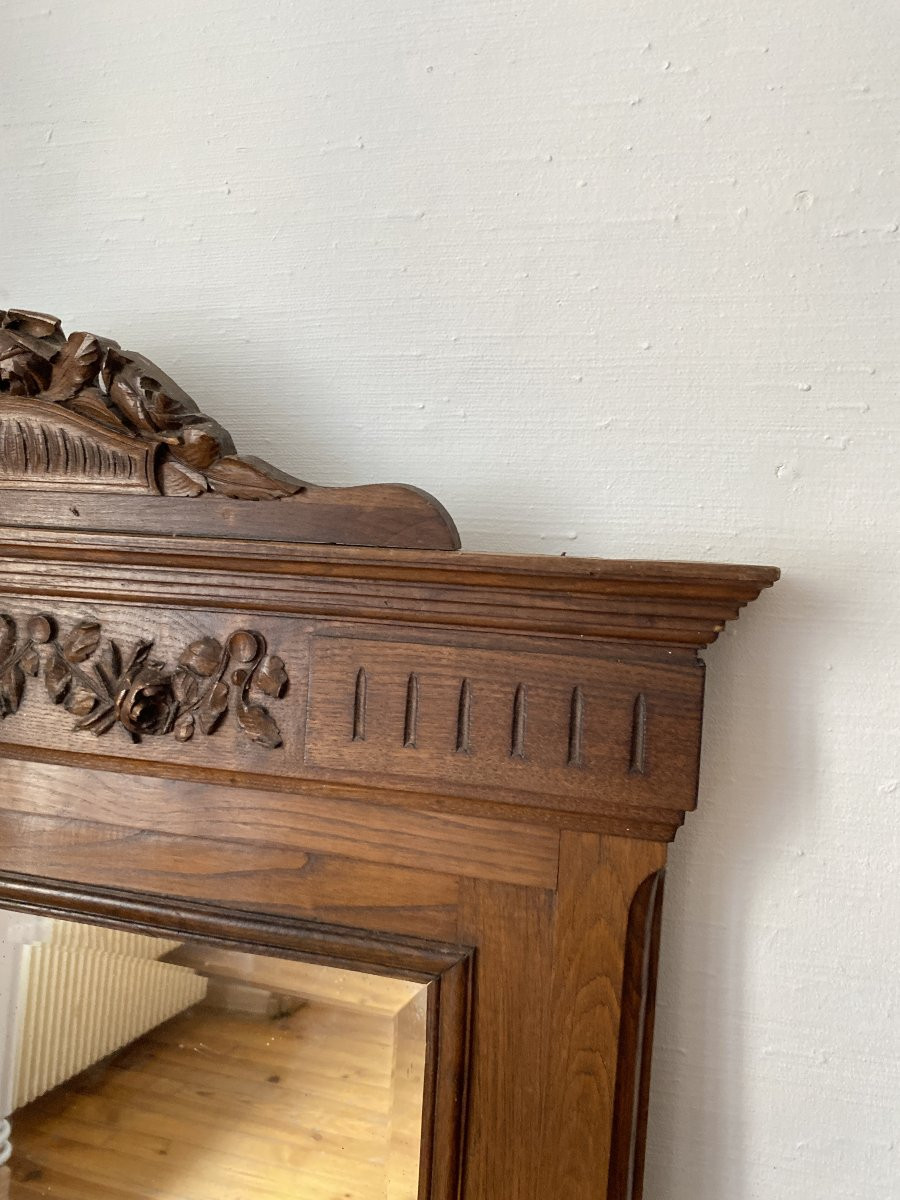 Large 19th Century Mirror Made Entirely Of Carved Wood With Floral Decoration - 90x140cm-photo-1