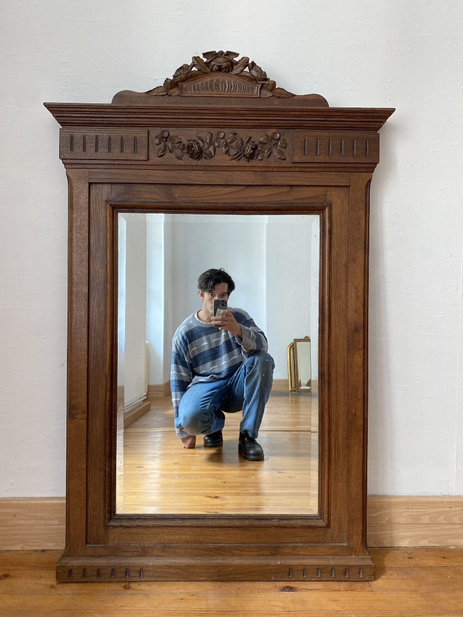 Large 19th Century Mirror Made Entirely Of Carved Wood With Floral Decoration - 90x140cm