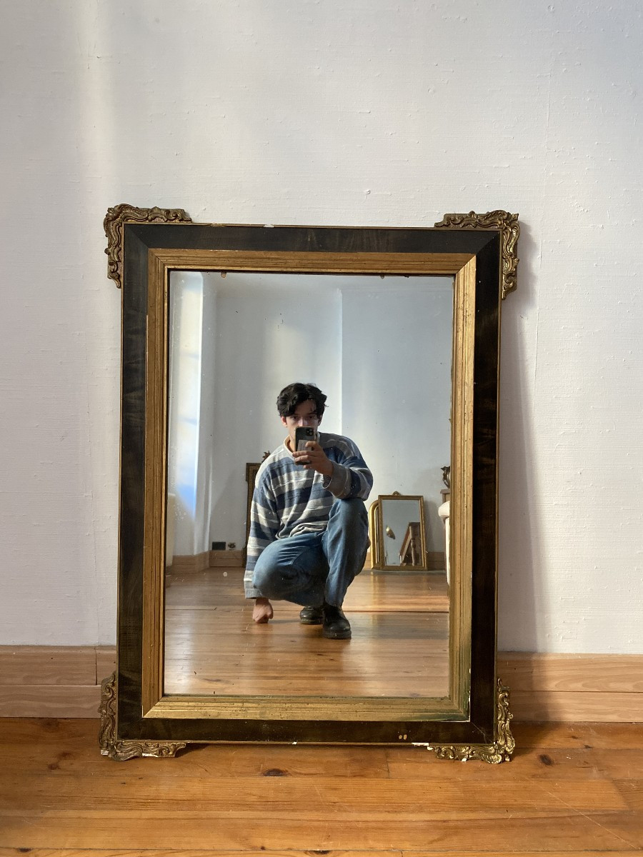 Napoleon III Mirror In Black And Gold Wood - 82x116cm