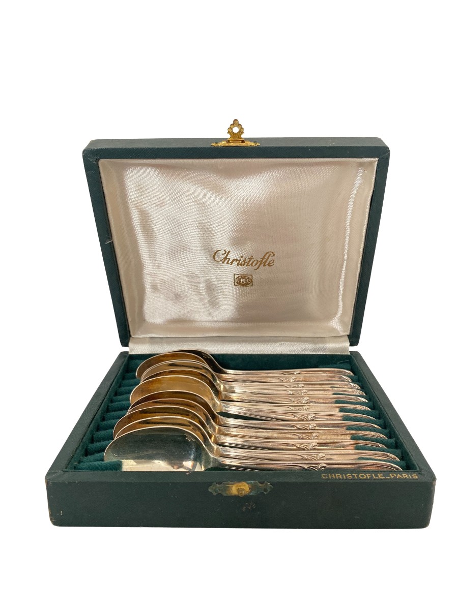 Set Of 11 Christofle Spoons In Silver-plated Metal, "oc" Hallmark With Horse Head