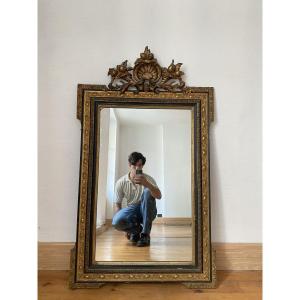 Grand miroir d'époque Napoléon III en Bois Noir et Doré - 75x125cm