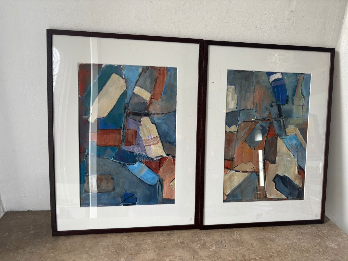 Two Abstract Gouaches Signed Nivet-photo-1