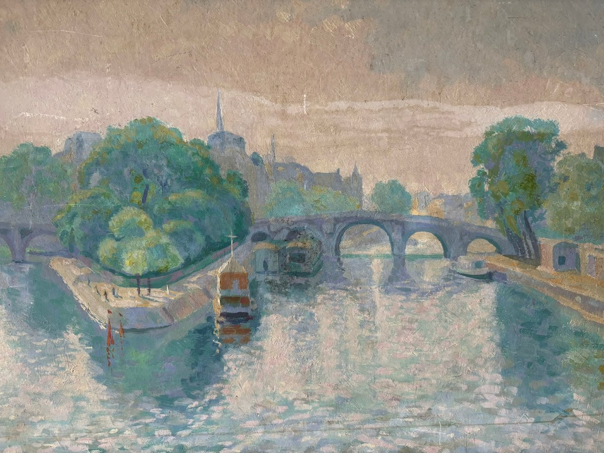 View Of The Pont Neuf And The île De La Cité, Signed Mahelin-photo-4