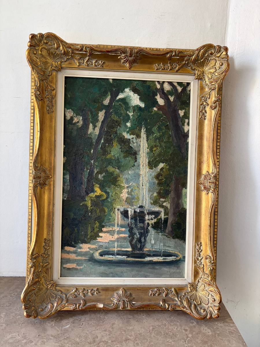 Paysage de fontaine dans un parc signé