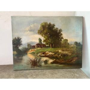 Hameau au bord d'une rivière fin XIX-début XXè siècle