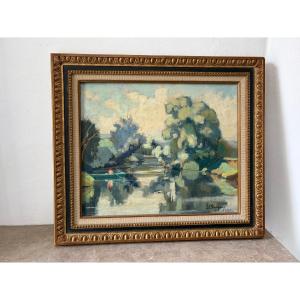 Pécheur sur la rivière signé Chapuis de 1925