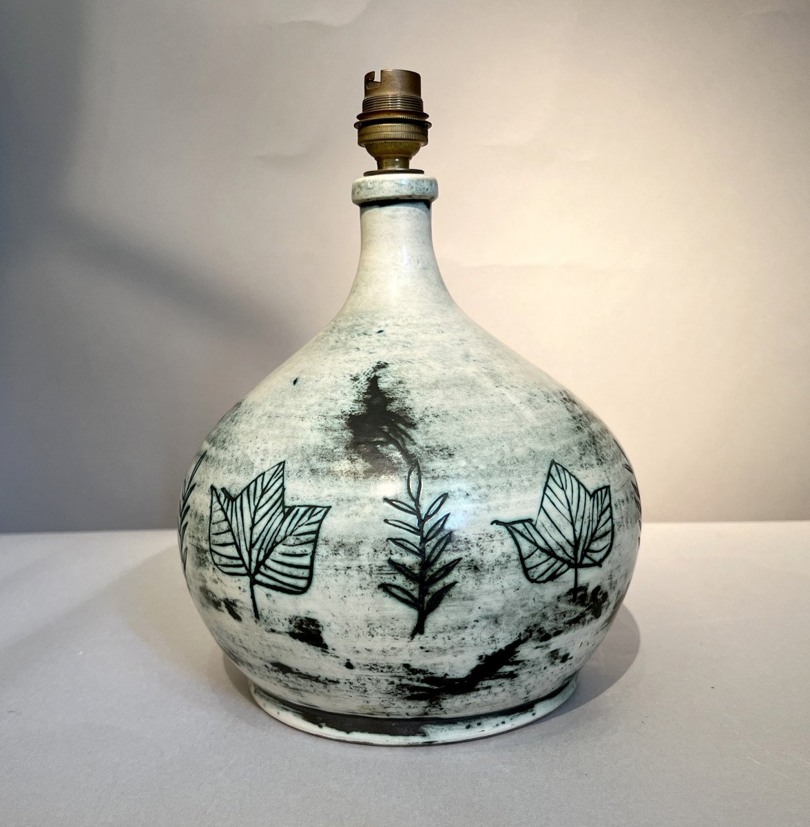Ceramic Egg-shaped Lamp Base With Incised Foliage Decoration, By Jacques Blin, Paris, France, C-photo-2