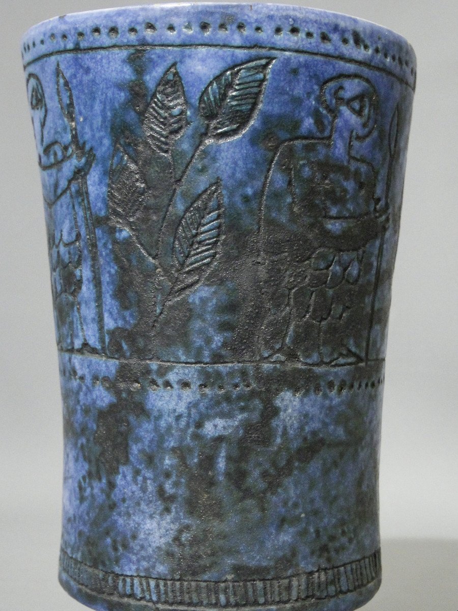 Ceramic Pedestal Vase With Mythological Decoration By J.blin, France Circa 1950-photo-4