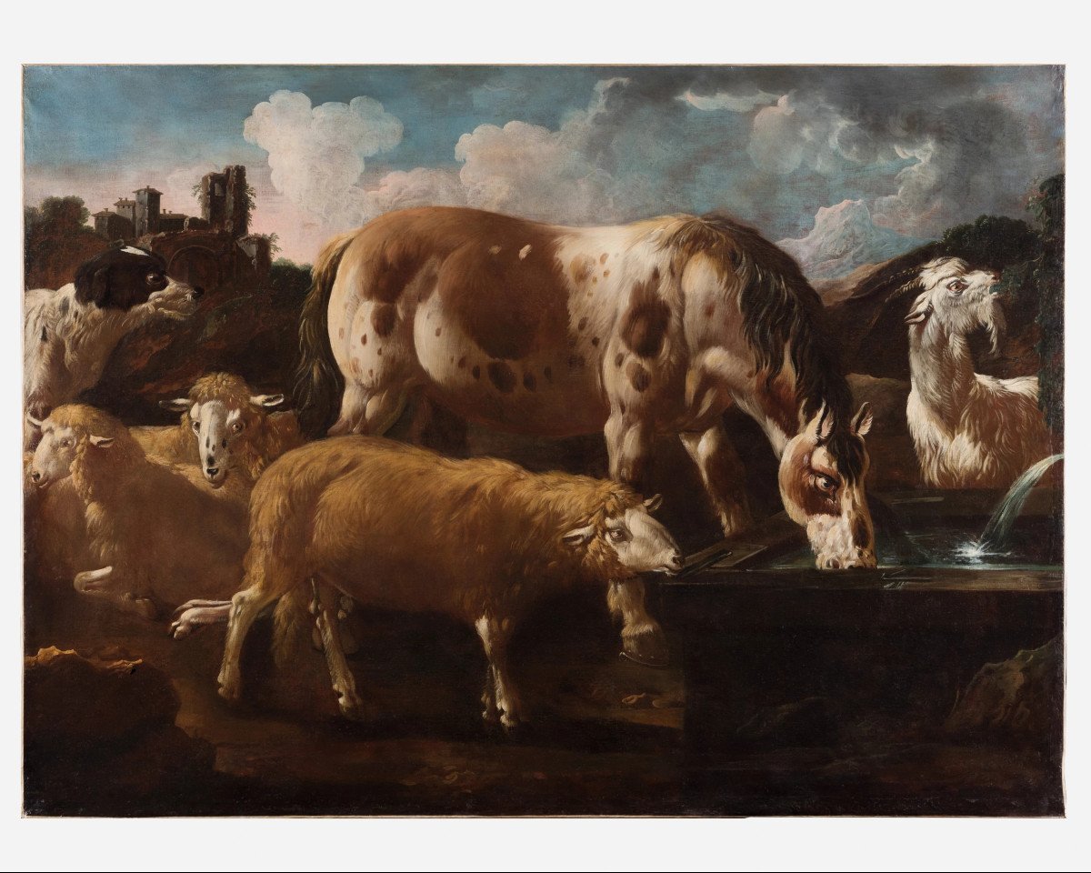 Scène Pastorale, Huile Sur Toile, Par Phillip Peter Roos Dit Rosa Da Tivoli, Italie, Vers 1680