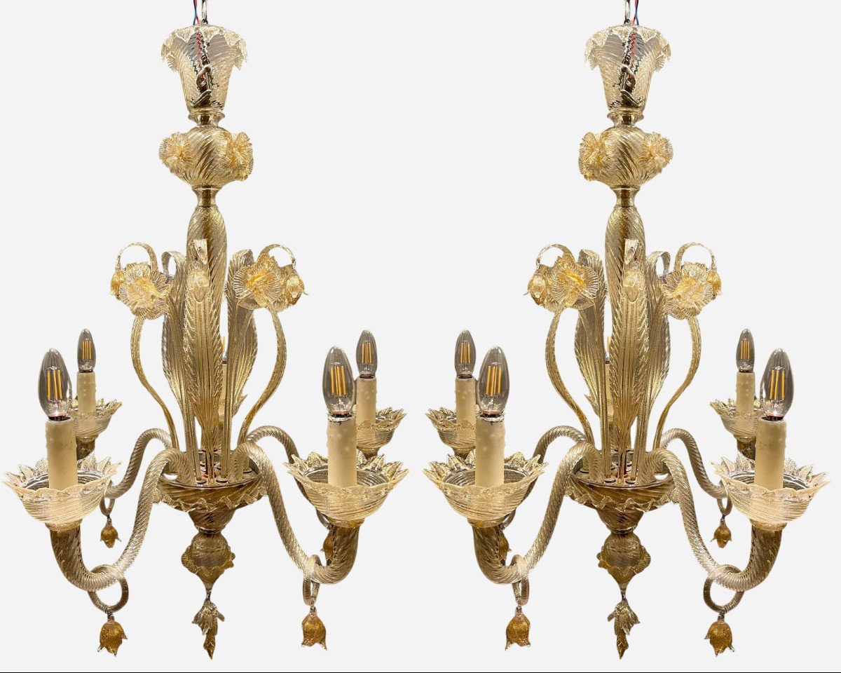 Pair Of Glass Chandeliers Murano, Italy, Circa 1970
