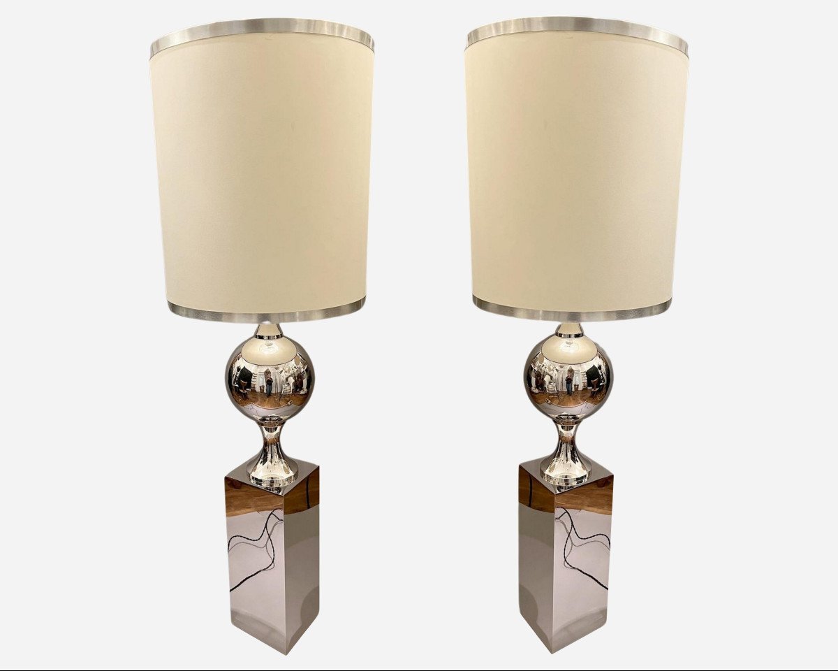 A Pair Of Nickel-plated Brass Floor Lamps, By Philippe Barbier, Maison Barbier, France, 1970