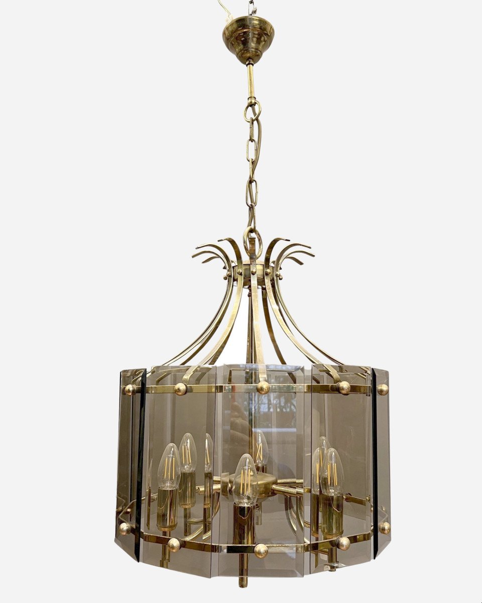 Lanterne En Laiton Et Verres Biseautés, Dans Le Style De Gilbert Poillerat, France, Vers 1970 -photo-1