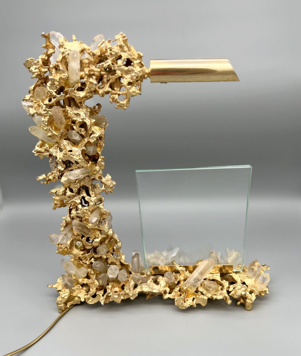 Lampe De Bureau Avec Porte-photo En Bronze Doré, Claude Victor Boeltz,  Paris, France Vers 1980-photo-2