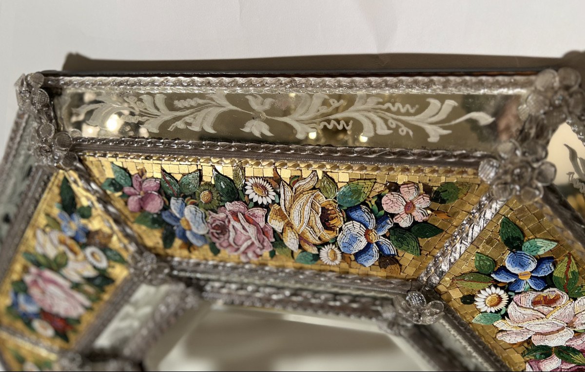 Rare Venetian Octagonal Mirror In Etched Glass And Micro-mosaic, Venice, Italy, Circa 1965-photo-4