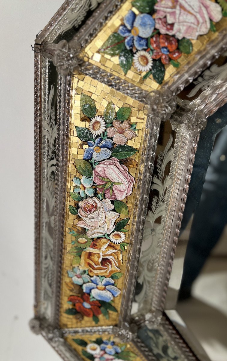 Rare Venetian Octagonal Mirror In Etched Glass And Micro-mosaic, Venice, Italy, Circa 1965-photo-1