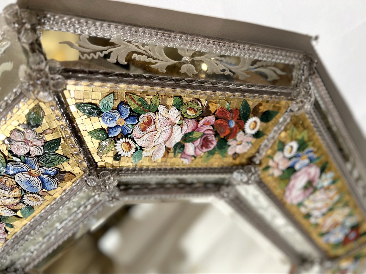 Rare Venetian Octagonal Mirror In Etched Glass And Micro-mosaic, Venice, Italy, Circa 1965-photo-3