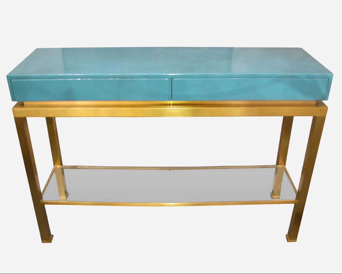 Console En Laiton Et Laque Bleu Turquoise Par G. Lefèvre, éd. Maison Jansen, Paris France, 1970