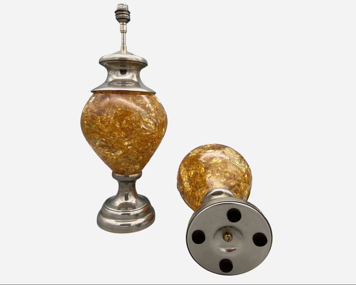 Pair Of Lamps In Fractal Resin And Nickel-plated Metal, France, Circa 1970-photo-1