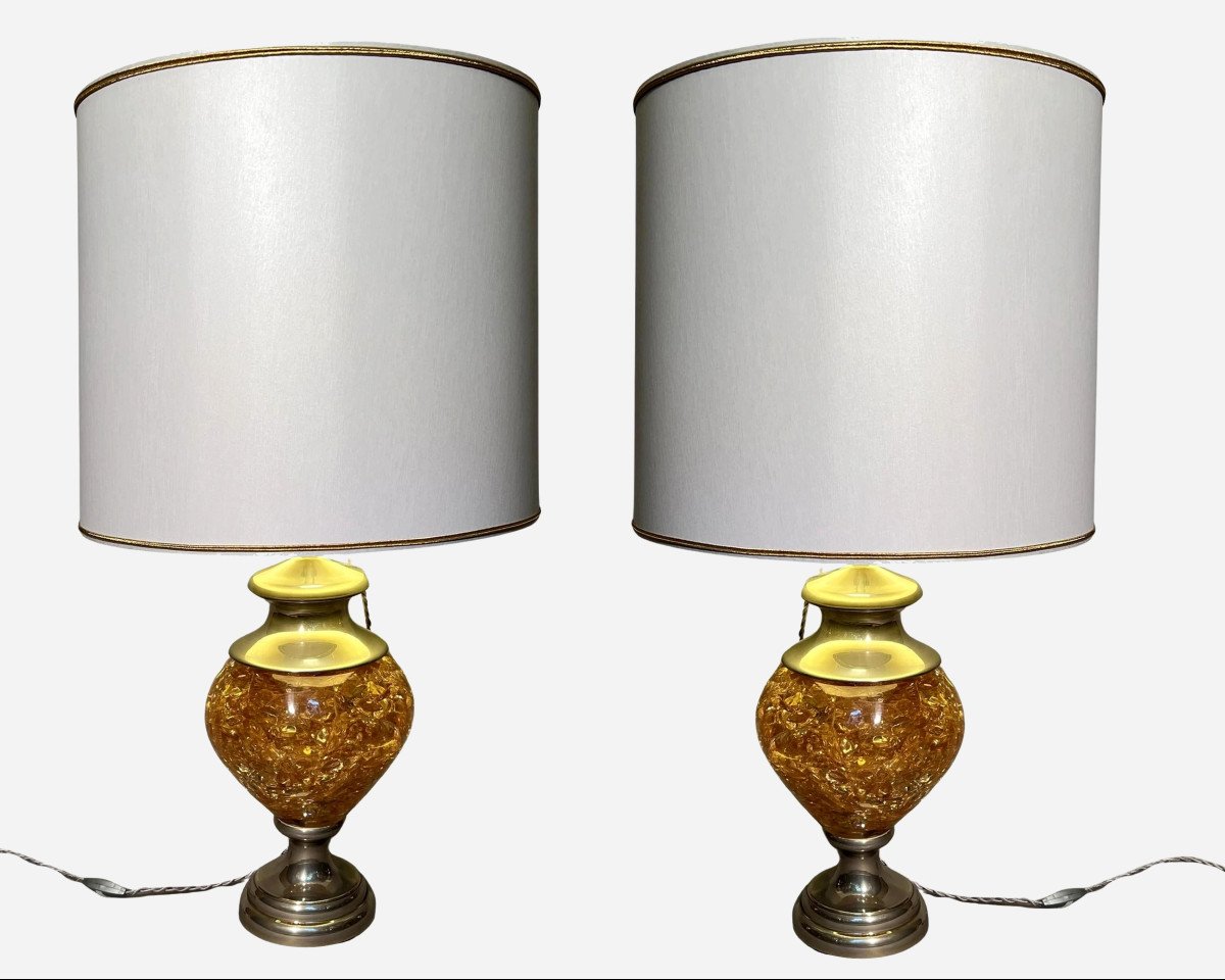 Pair Of Lamps In Fractal Resin And Nickel-plated Metal, France, Circa 1970