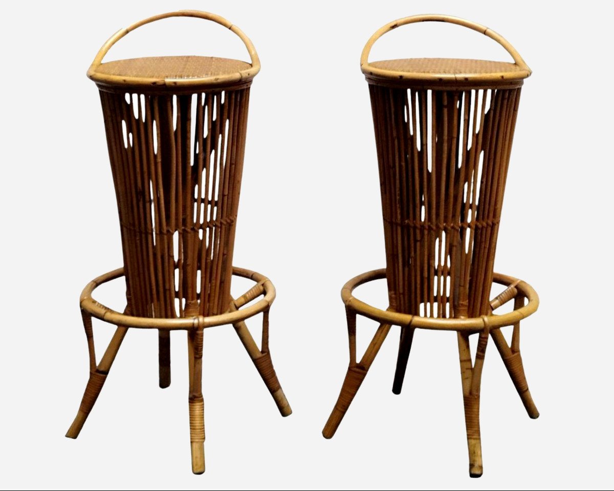 Four Bamboo And Rattan Bar Stools, Italy, Circa 1960-photo-3