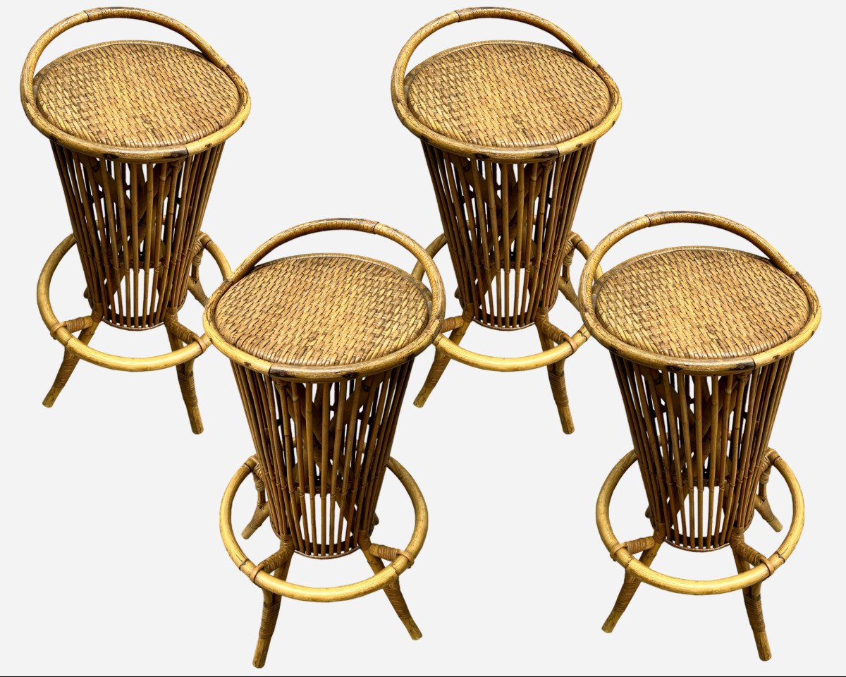 Four Bamboo And Rattan Bar Stools, Italy, Circa 1960