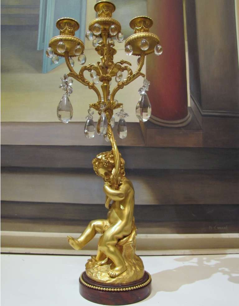 Pair Of Girandoles In Gilded Bronze With Crystal Pendants-photo-3