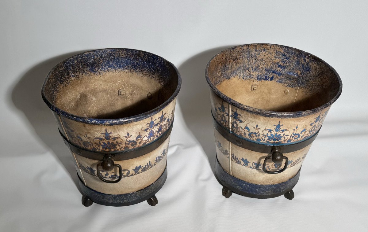Pair Of Painted Sheet Metal Planters, France, Circa 1930/1940-photo-3