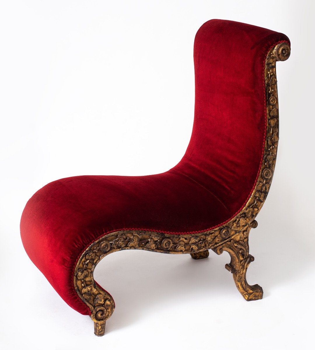 Rare Paire De Chaises De Volupté Bois Sculpté Doré Et Velours, Portugal, Vers 1880 -photo-3